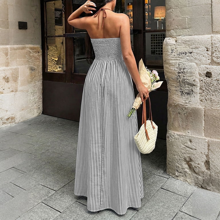 grey and white striped maxi dress Sunnyshic Grey White Striped Maxi Dress Wedding Guest Women Summer Party Formal Gowns V-Neck Backless Tie Strap Button Detail Regular Fit Fl,XL
