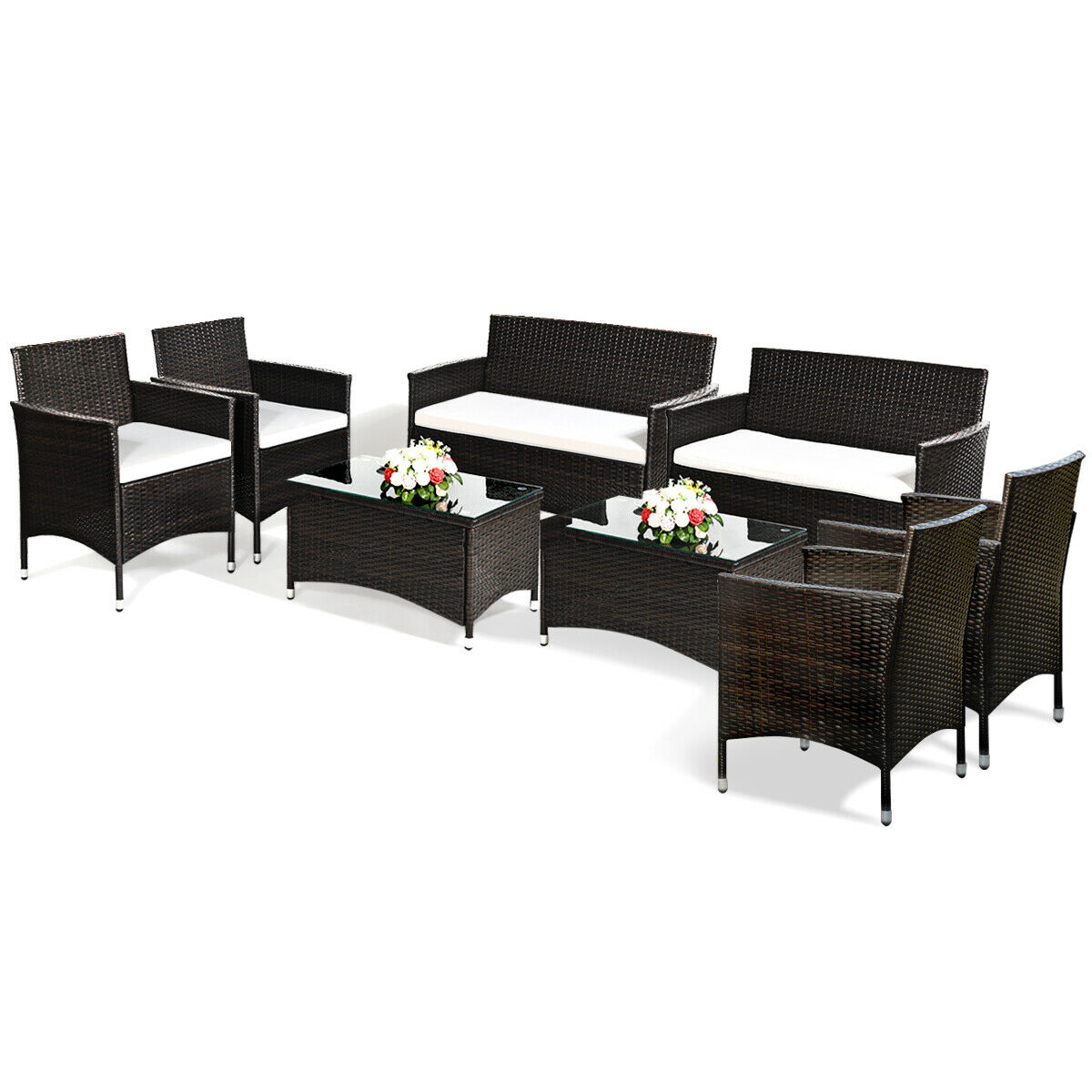 Gymax 8 PCS Patio Garden Rattan Furniture Set Coffee Table Cushioned