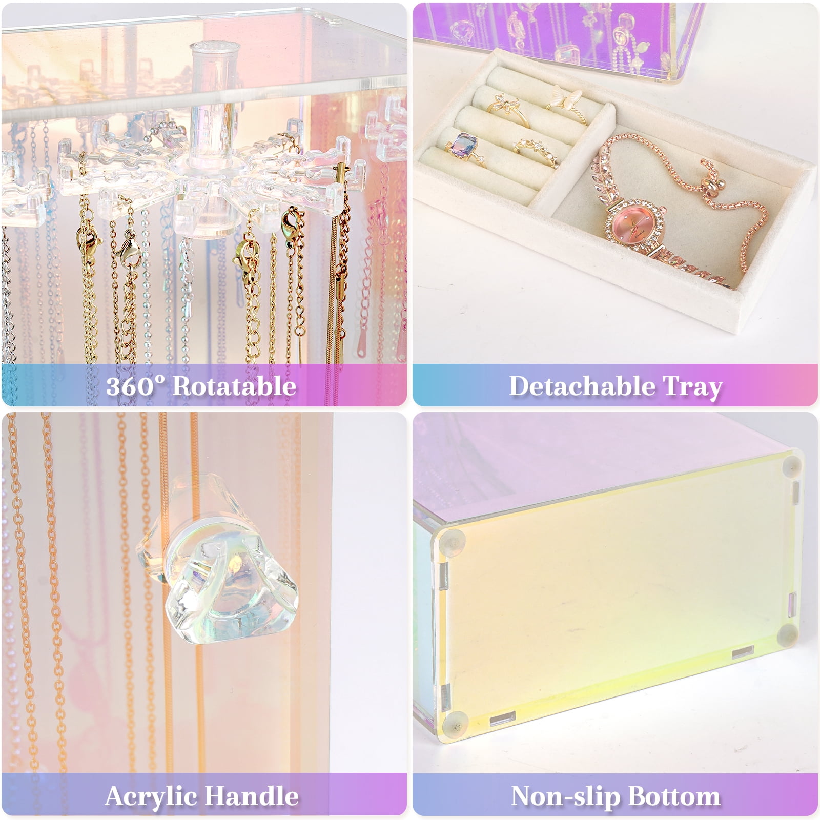Haturi Iridescent Necklace Organizer, Acrylic Necklace Holder w/Velvet Tray, Dustproof Rotation Jewelry Holder Organizer Display Stand Box Hanger, Necklaces Ring Bracelet Case, Gift for Women, Girl