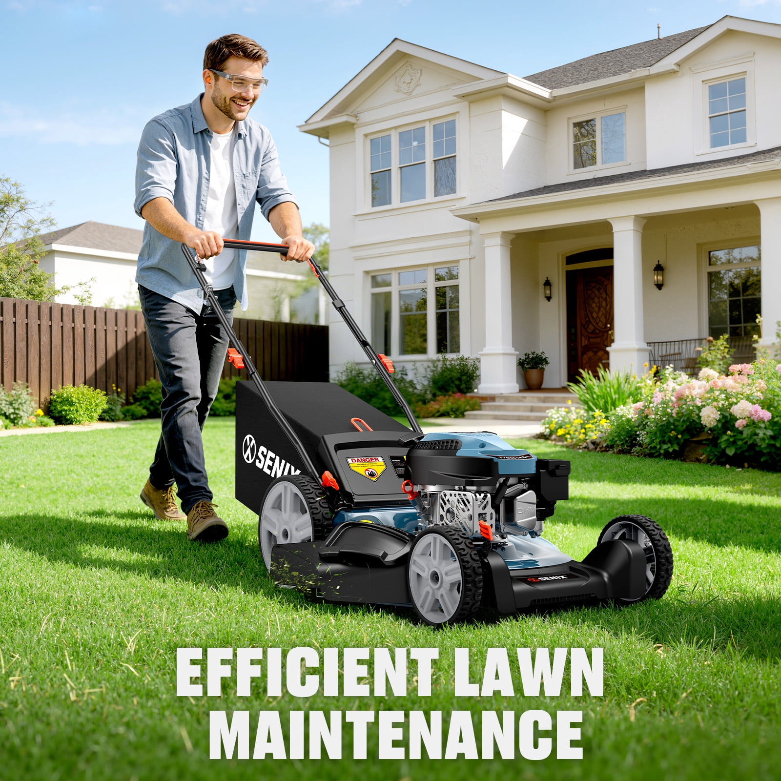 SENIX Gas Lawn Mower 21in Cutting Blade 22in Cutting Deck, 144cc 4-Cycle Engine, 3-In-1, 6-Height Adjustment, 11" Rear Wheels, LSPG-M14