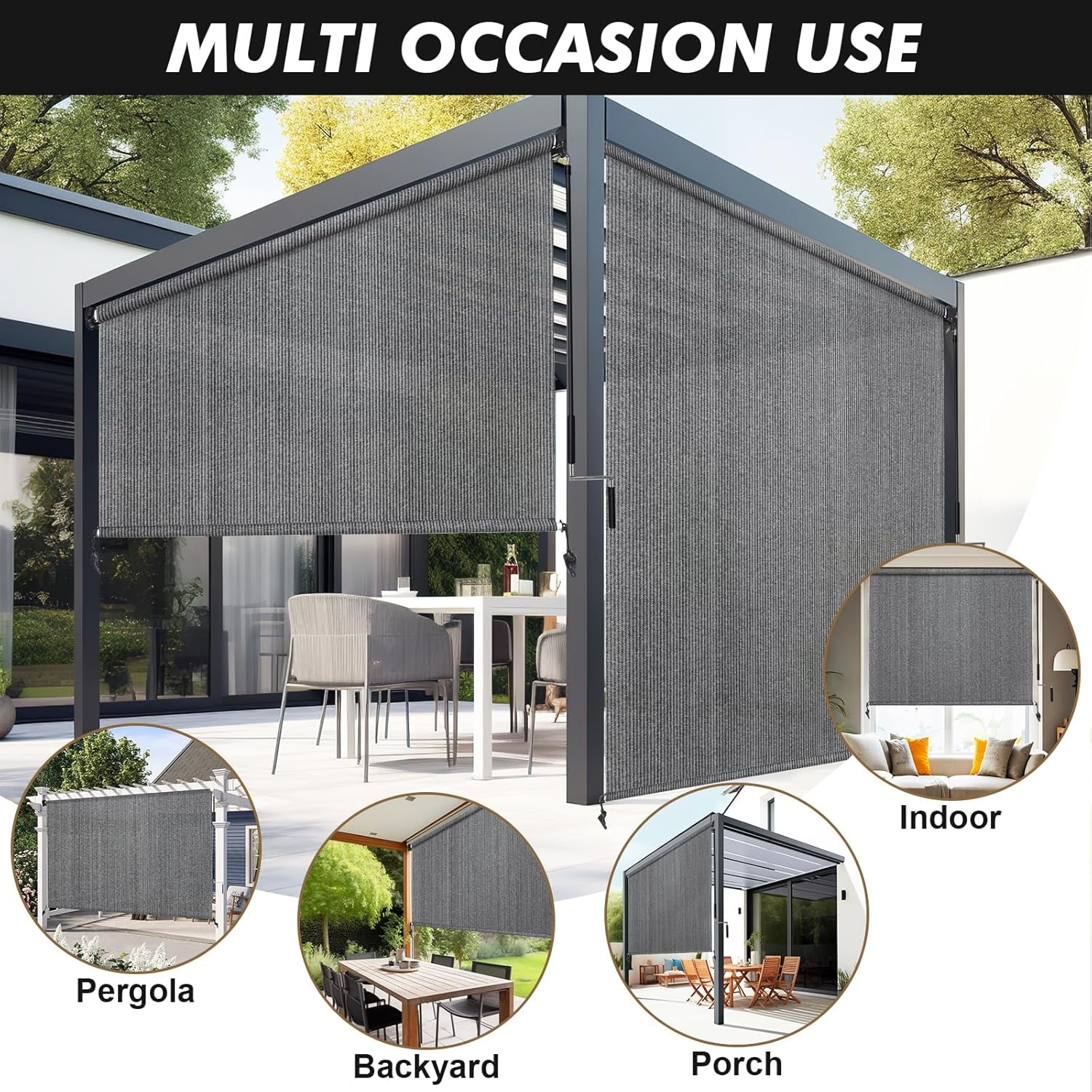 NAWAY 7'W x 6'H Outdoor Roller Shades, Cordless Patio Roll Up Blinds 90% UV Protection Exterior Shade Cloth Roll for Porch Gazebo Pergola Balcony Backyard,Gray