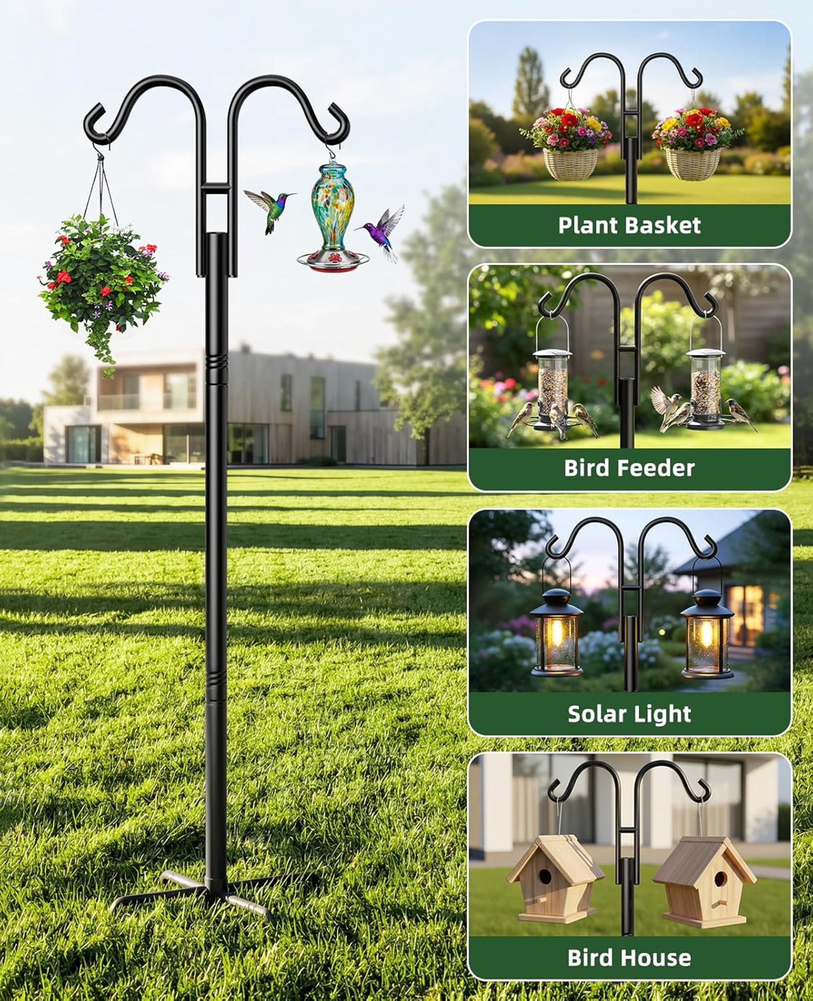 Fmxomd Bird Feeders Pole,Shepherds Hooks for Outdoor 1 Pack 60 Inch Bird Feeders for Outdoors with 5 Prongs Base Hanging Planters for Outdoor, Black