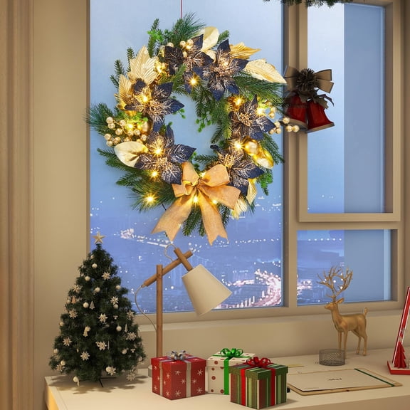 24-Inch Pre-Lit Blue & Gold Christmas Wreath – Elegant Artificial Holiday Door Wreath with Flowers, Bows & Ornaments