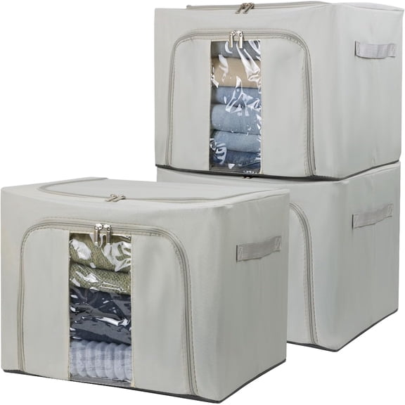 36L Clothes Storage Bins with Metal Frame, 3 Pcs Stackable Clothing Boxes Containers Lids, Foldable Oxford Fabric Organizer Bags Closet Organizers Organizing Bin for Sheet