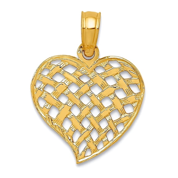 14k Yellow Gold Solid Polished Basket Weave Love Heart Pendant Necklace 18x13mm Wide Pendant for Women