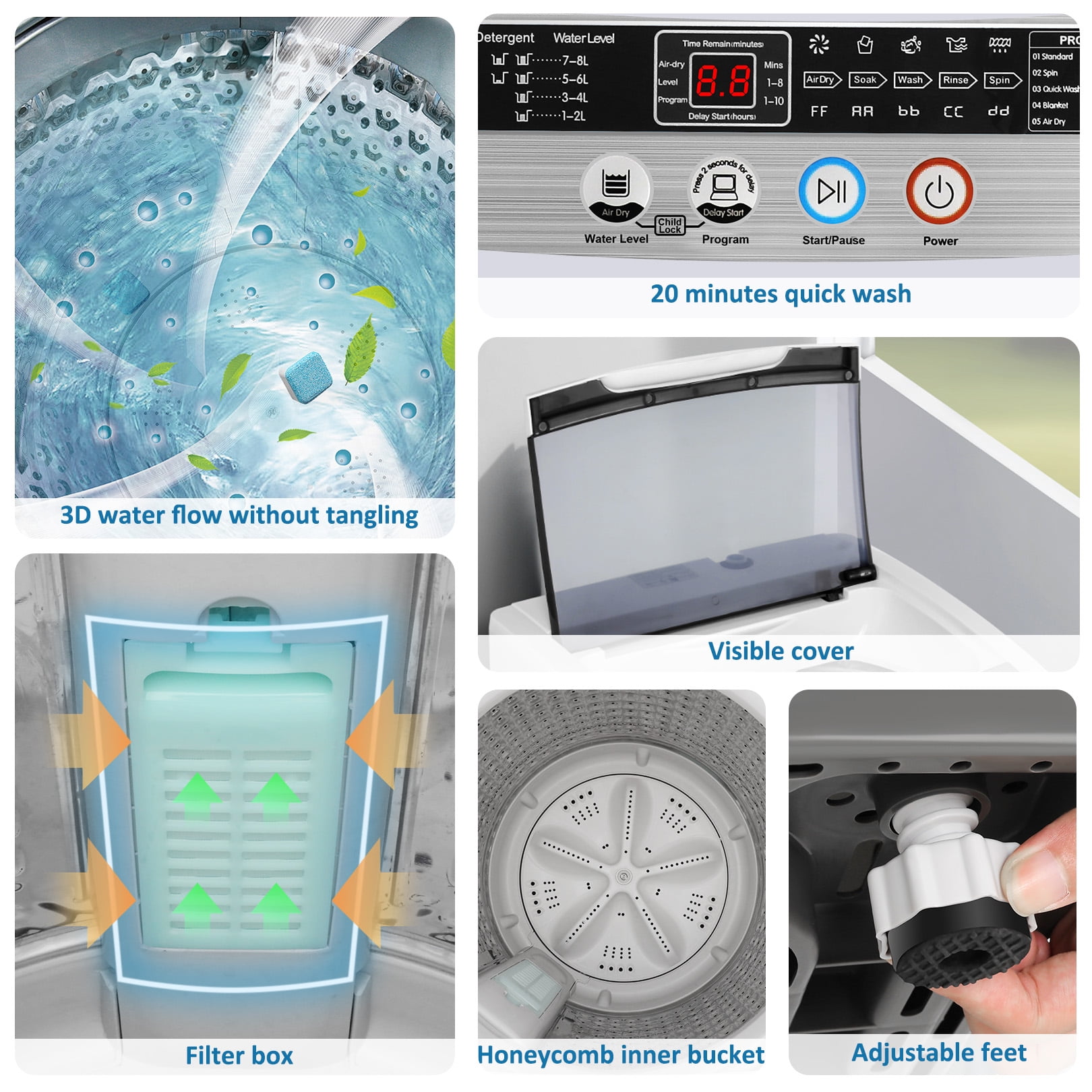 Adnoom Portable Washing Machine, 18.7lbs Full Automatic Compact 10 Programs & 8 Water Levels Washer Machine with Child Lock and LED Display, Low Noise Laundry Wash for Apartments, Home, Dorms