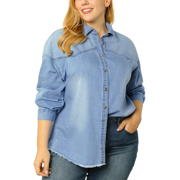 Agnes Orinda Women's Plus Size Button Down Long Sleeve Denim Shirts 1X Light Blue