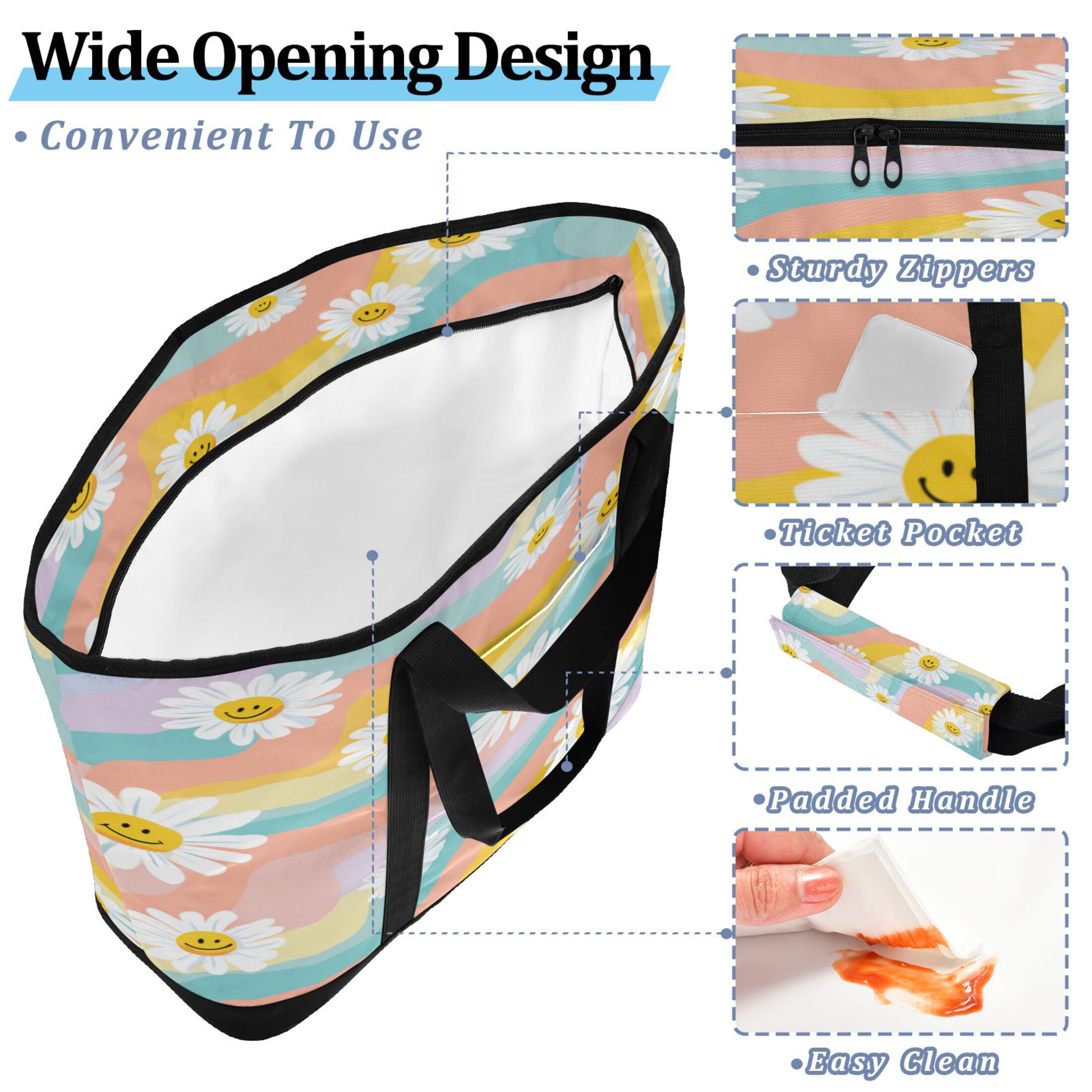 Extra-Large Wide Opening Design Capacity Hand-Held Ice Pack Thickened Insulation Layer For Long-Lasting Cold Retention For Outdoor Shopping Picnics And Camping Smiling Daisies with Rainbow
