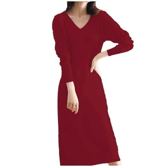 TSADFHJI Skirts for Women Short Length Lace Long Sleeve V Neck Wool Knit Dress for Women French Style Layering Long Dress for Fall and Winter Cozy Warm Casual Maxi Dress L Red
