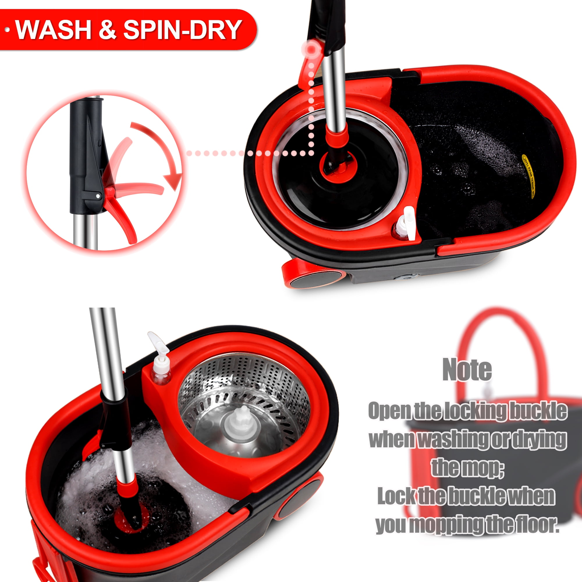 Spinning Mop Bucket, 360 Easy Spin Mop & Bucket System with Wringer, Mop and Bucket Set, 3 Microfiber Mop Heads, Black