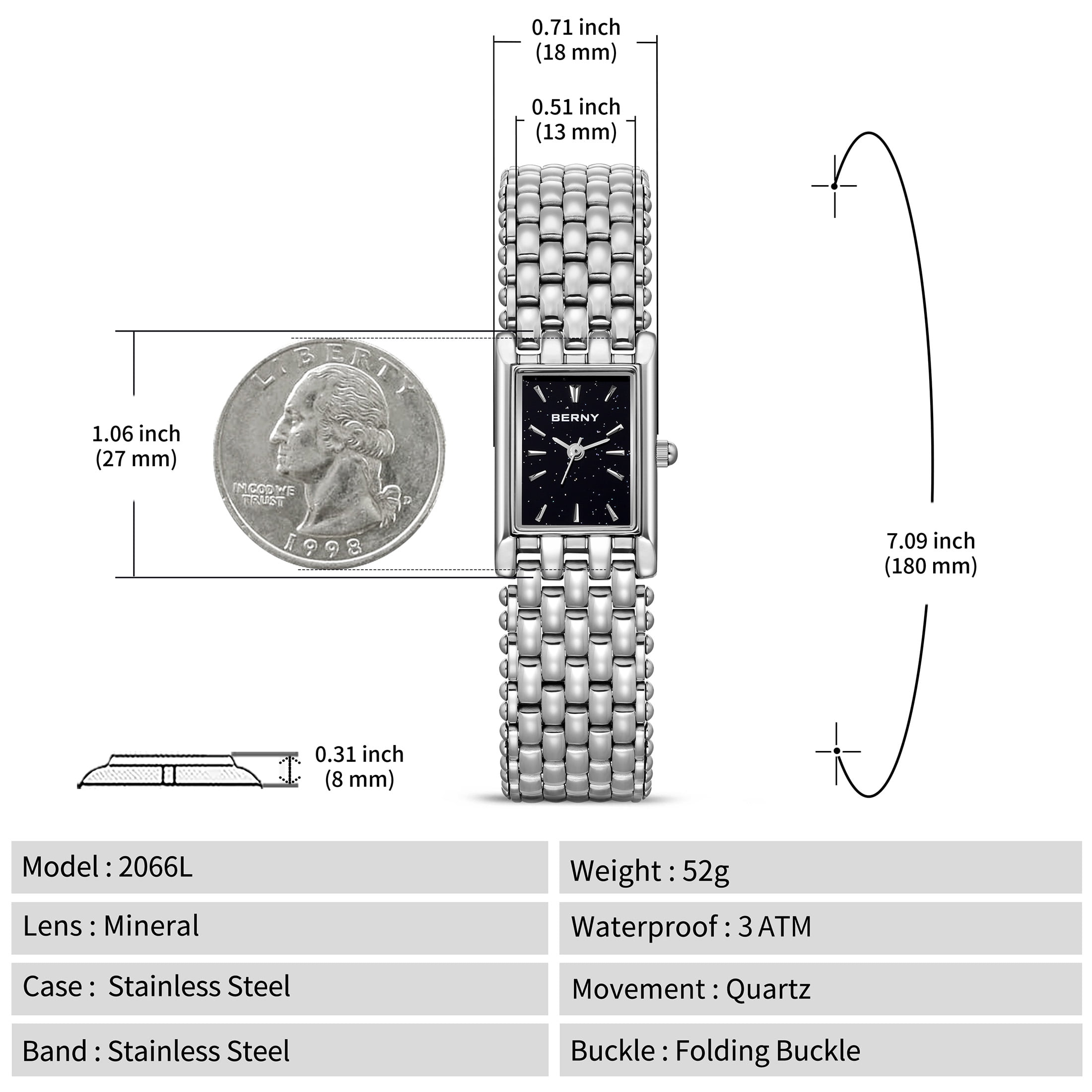 BERNY Small Silver Watches for Women, Dainty Rectangular Women Watch with Stainless Steel Bracelet Band, Japanese Quartz Movement, 3ATM Waterproof, Classic Dress Ladies Wristwatch (Black)
