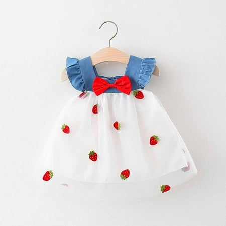 

LONKITO Toddler Baby Girl Summer Sleeveless Ruffles Halter Dress Casual Strawberry Embroidery Bowknot Dress Baby Kids Fashion Deals Under 10