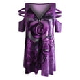 thumbnail image 4 of USSUMA Womens Summer Tops Sexy Cold Shoulder Zip Up T-Shirts for Women Trendy Rose Print Womens Blouses and Tops Dressy Short Sleeve V Neck Tunic Plus Size Shirts for Women, 4 of 5