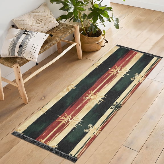Ryvnso Snowflakes on Watercolor Stripe Bedroom Runner Rug 2'x6' Hallway Area Carpet Non Slip Entryway Mat with Tassels