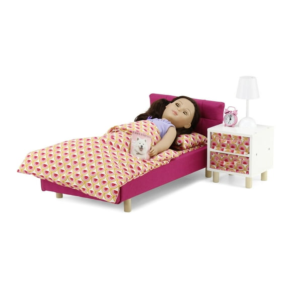 Emily Rose New 18" Doll Bedroom Set - Bed and Nightstand, with Storage Bins, Working Lamp and Alarm Clock, Includes Magazine Accessory | 18 inch Doll Furniture Compatible with American Girl Dolls
