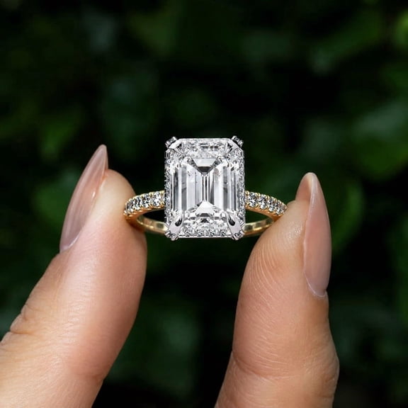 GIMELIS 2.50 CT Emerald Cut Lab Grown Diamond Halo Pave Engagement Ring In Yellow Gold