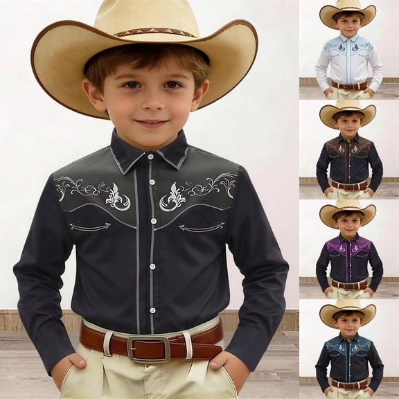 MUXiin Toddler Boys Girls Western Cowboy Shirts Retro Long Sleeve Button Down Shirt Kids Floral Pockets Outfit Country Tops