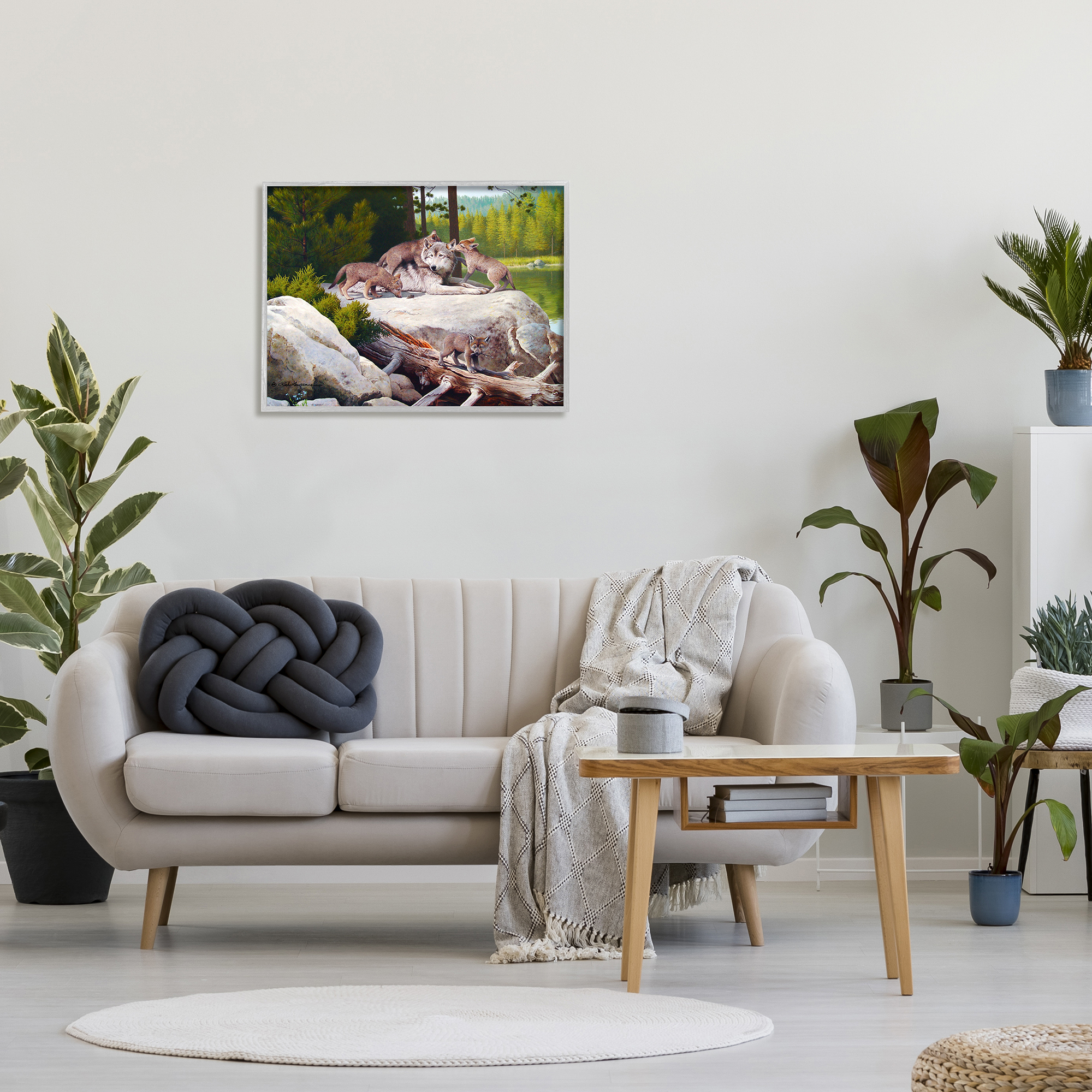 Stupell Industries Wolf & Cubs in Nature Animals & Insects Painting Gray Framed Art Print Wall Art, 30 x 24