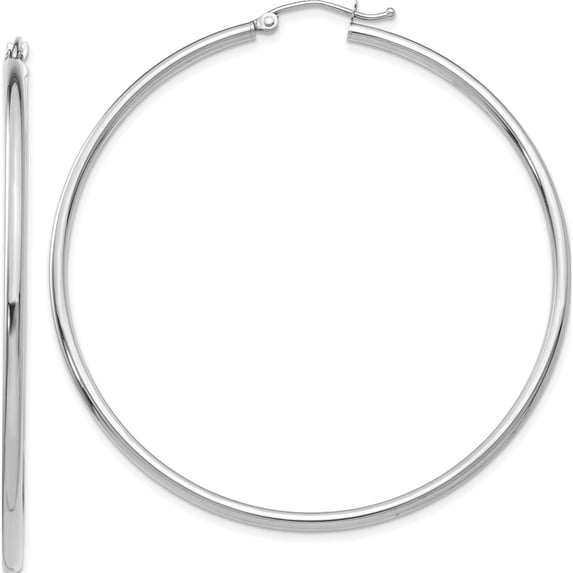 14K White Gold Polished 2X55mm Tube Hoop Earrings (55 X 56) Made In Peru t834