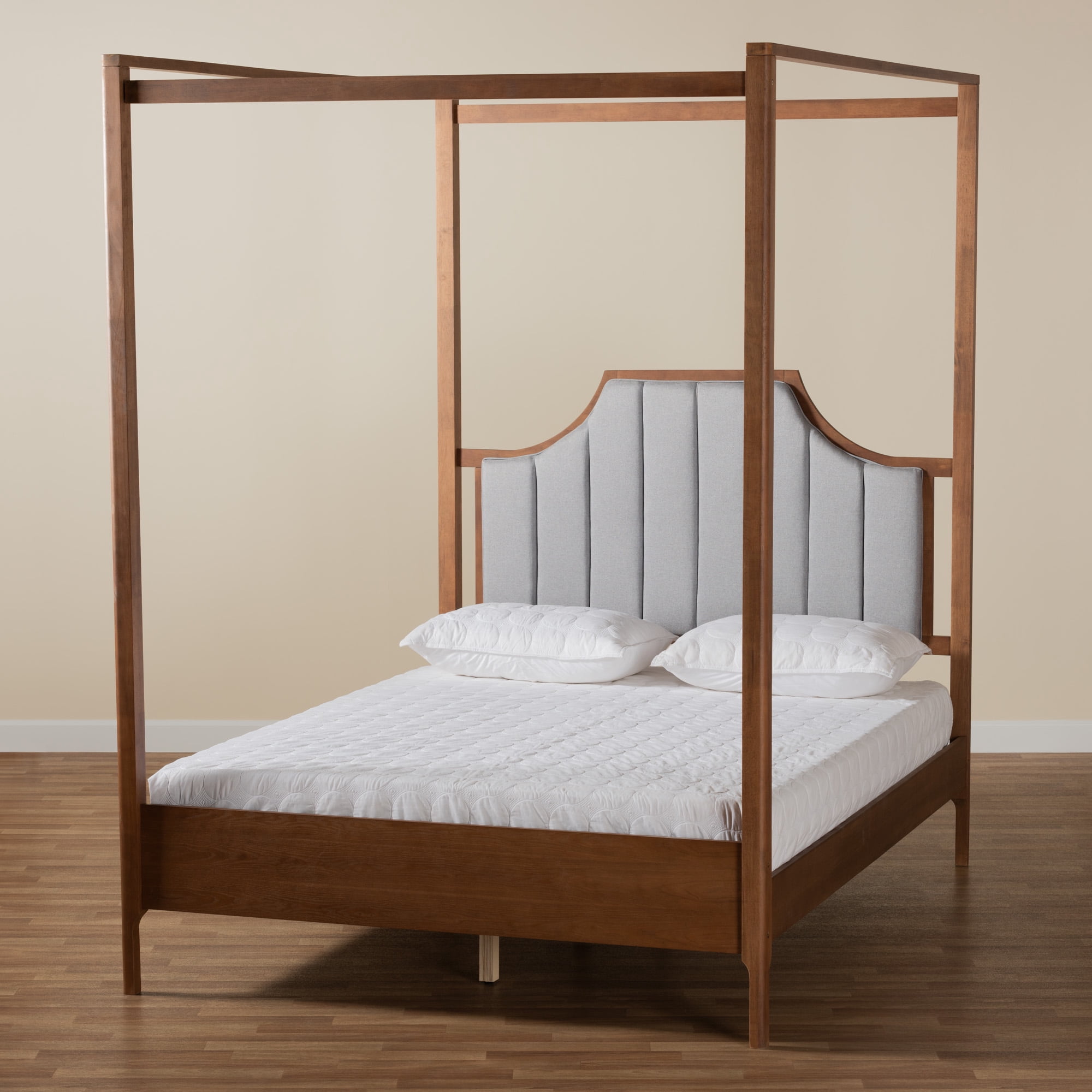 Baxton Studio Roman Classic and Traditional Ash Walnut Finished Wood Queen Size Canopy Bed
