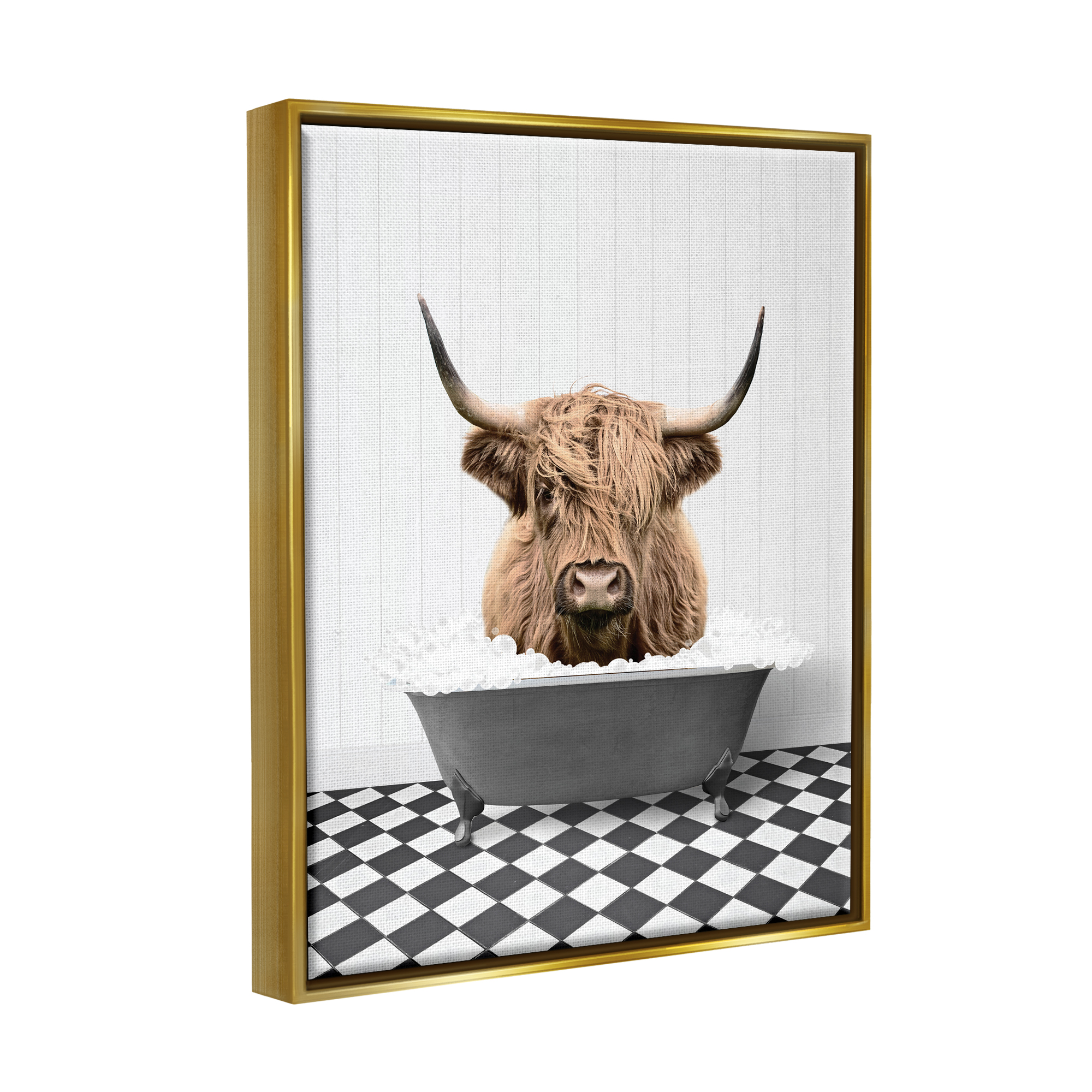 Stupell Industries Cattle in Checkered Bathroom Animals & Insects Painting Gold Floater Framed Art Print Wall Art, 25 x 31