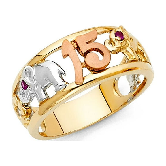 Elephant 15 Years Band 14k Yellow White Rose Gold Quinceanera Ring CZ Good Luck Fancy Size 7