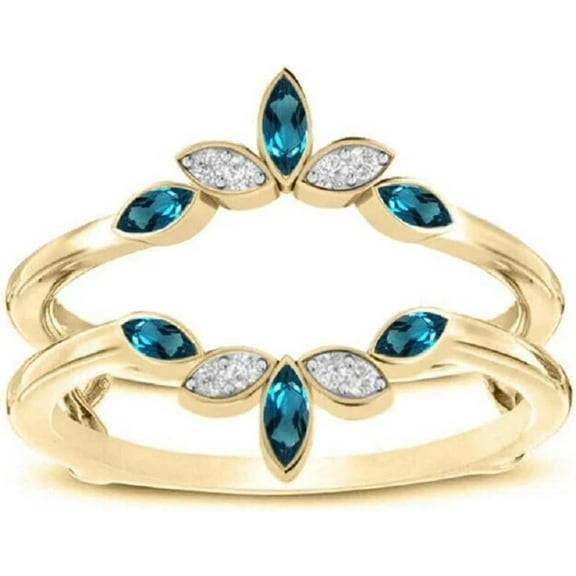 Marquise & Round Cut London Blue Topaz & Diamond in 925 Sterling Silver 14K Yellow Gold Over Diamond Anniversary Wedding Enhancer Ring for Women's