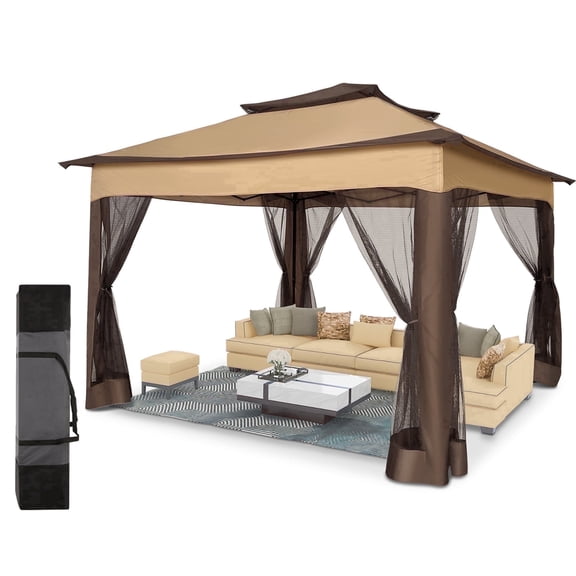 HOTEEL 11' x 11' Outdoor Waterproof Gazebo, Pop-Up Canopy Gazebo with Mosquito Netting & UV Protection for Parties, Camping, Weddings, and Backyard Events, Brown