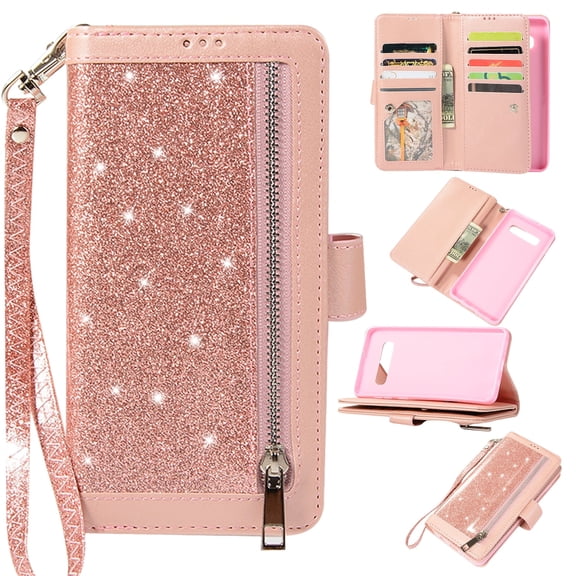 Zipper Wallet Case for Samsung Galaxy S10  Plus Phone, Allytech Bling Glitter Leather Case with 9 Credit Card Holder Flip Magnetic Closure Stand Cover with Cash Pocket and Hand Strap, Pink