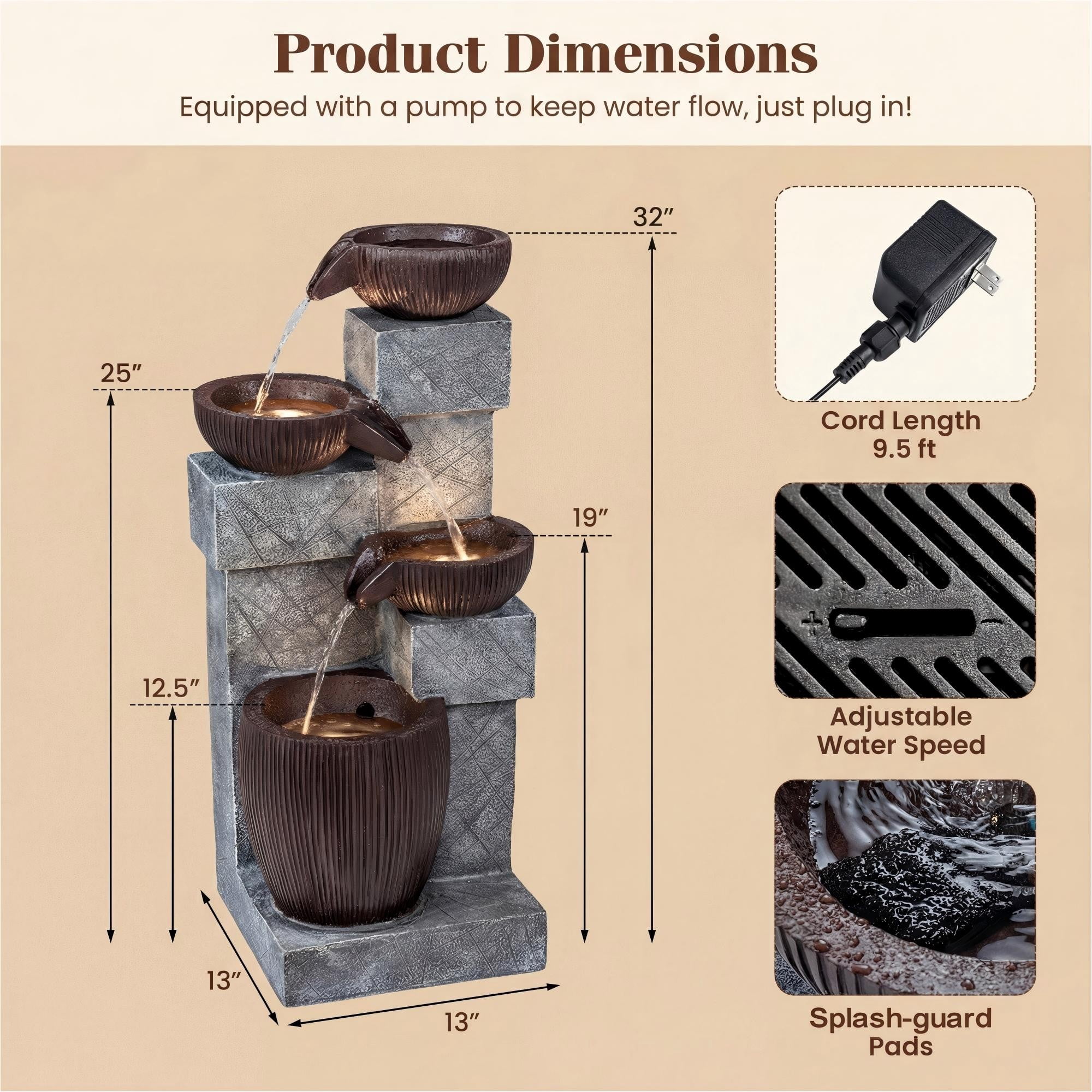 ELLEGNT 32" Outdoor Water Fountain with LED Lights – 4-Tier Cascading Fountain for Patio, Deck, Backyard, Balcony