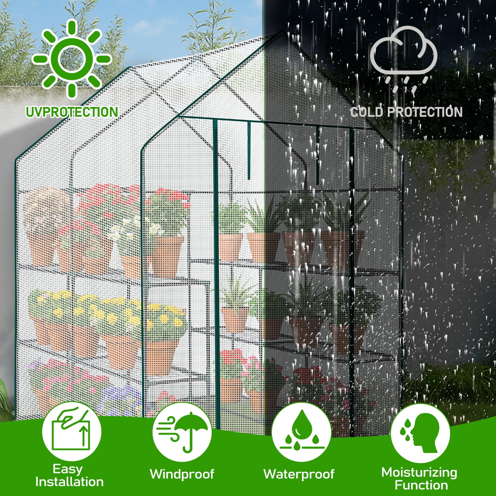 Zimtown 56"x56" Walk-In Greenhouse with 8 Shelves, PE Cover, Zippered Door, Vent Window, Sturdy Frame, White