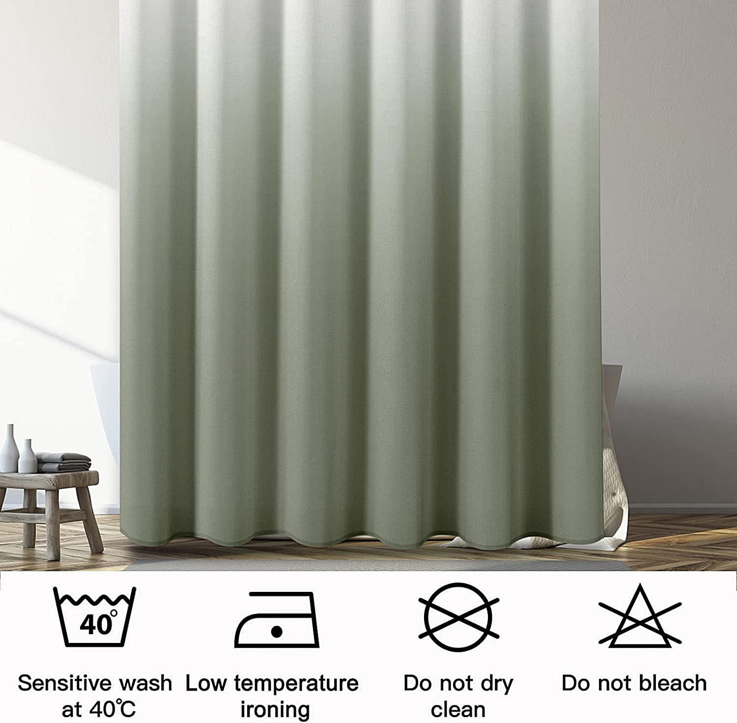 Sage Green Ombre Shower Curtain, Green and White Ombre Waterproof Linen Textured Bath Decor Textured Fabric Shower Curtain for Bathroom, Hotel Quality, 72x72