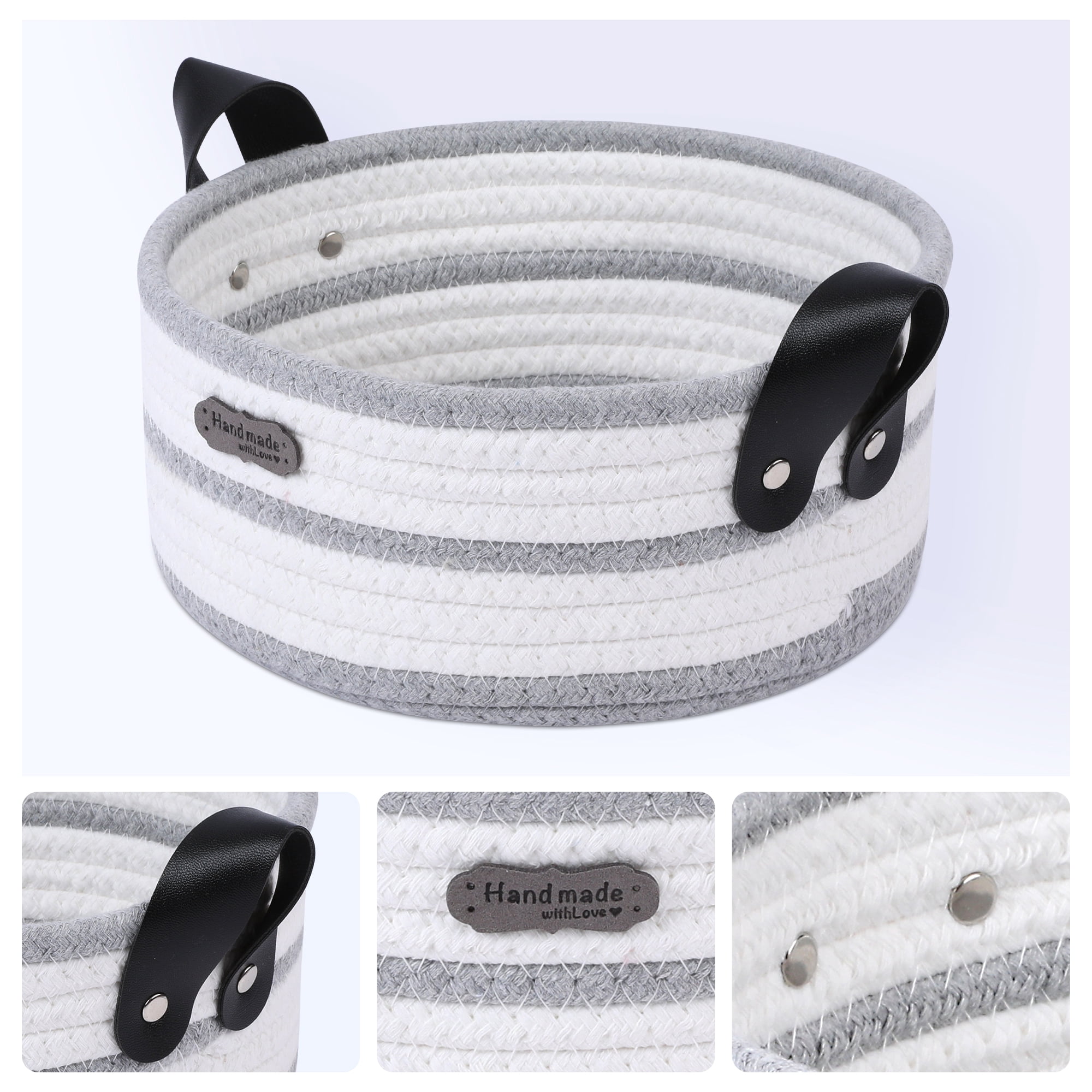 Unique Bargains Woven Storage Basket with Leather Handles Light Gray 7.9*3.9in