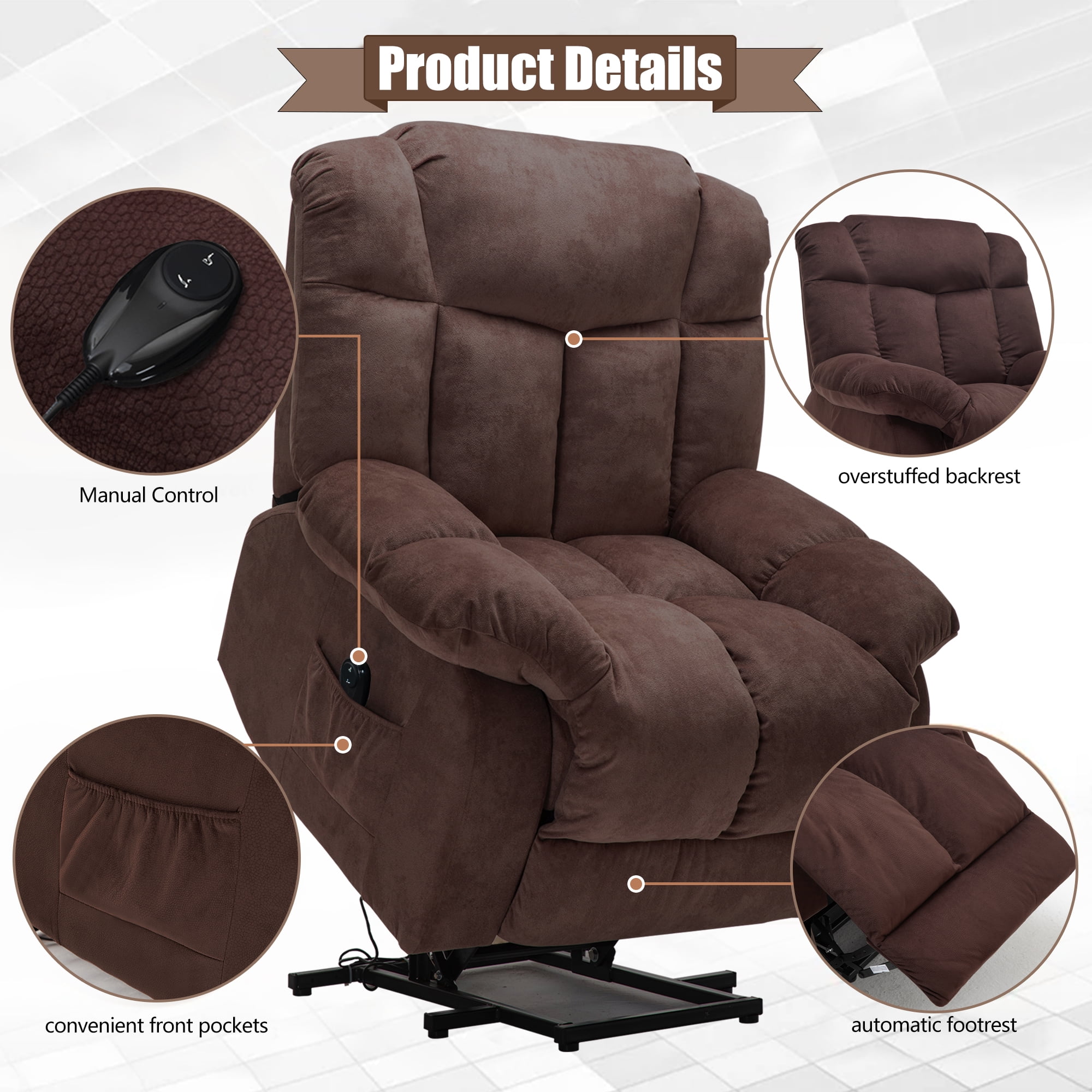 Large Power Lift Recliner Chair for Elderly, Overstuffed Wide Recliners for Adults, Heavy Duty Recliner Sofa and Safety Motion Reclining Mechanism,300lb Capacity,Coffee