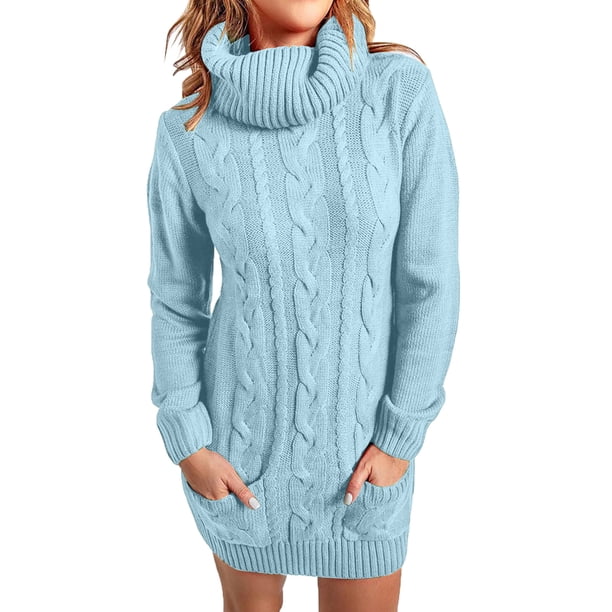 Gibobby Vestidos de sueter Otoño Invierno Slim Fit manga larga plisado cuello cuello redondo vestido de suéter de punto(Azul,XL)