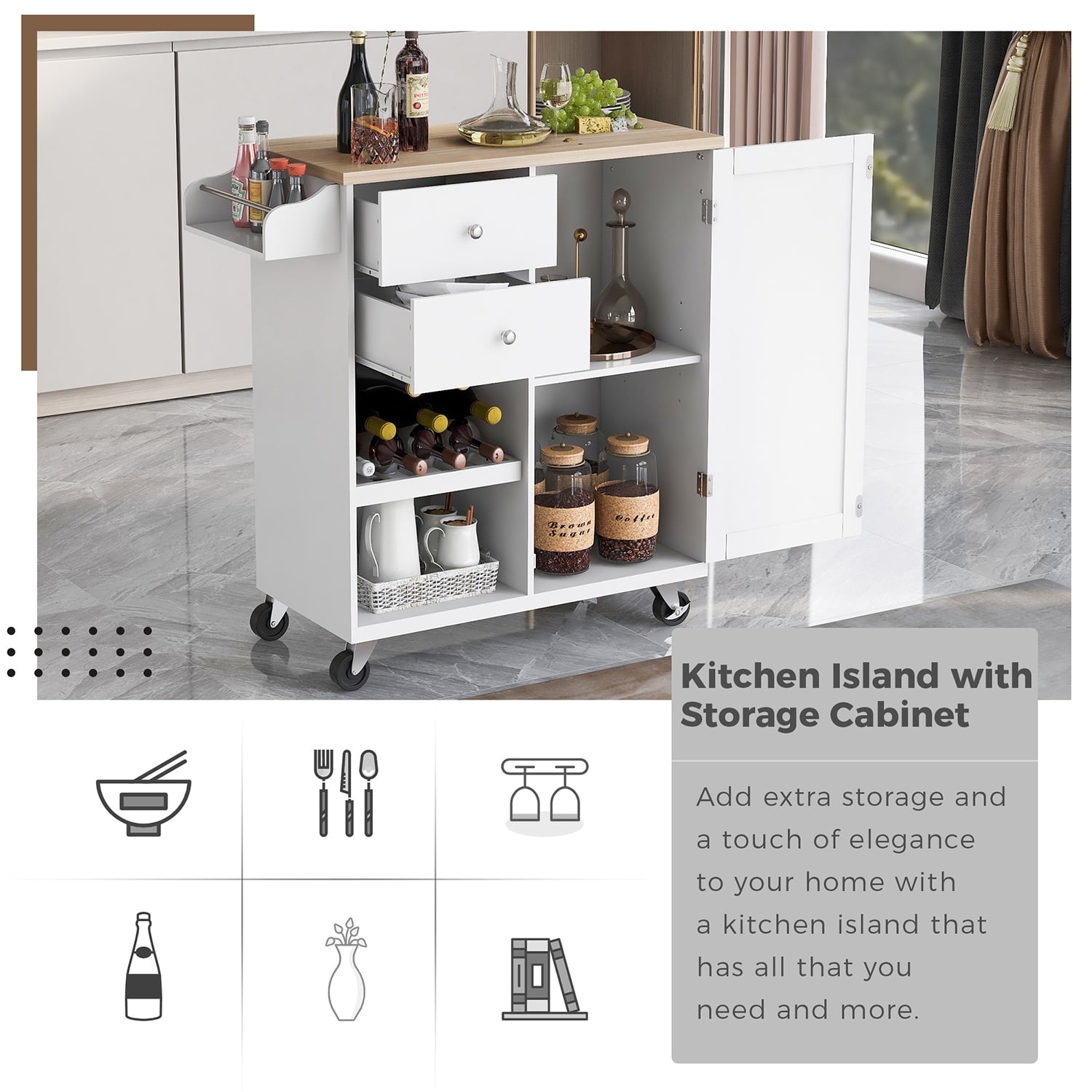 Kepooman Kitchen Cart with Spice Rack, Towel Rack & Two Drawers, Kitchen Island on Wheels for Your Daily Food Preparation, White Kepooman Kitchen Cart with Spice Rack, Towel Rack & Two Drawers, Kitchen Island on Wheels for Your Daily Food Preparation, White