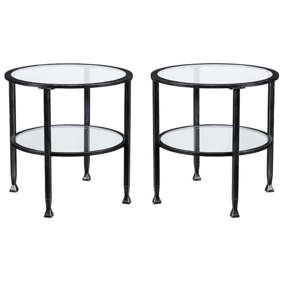 Home Square Jaymes Round Glass Top Metal End Table in Black - Set of 2