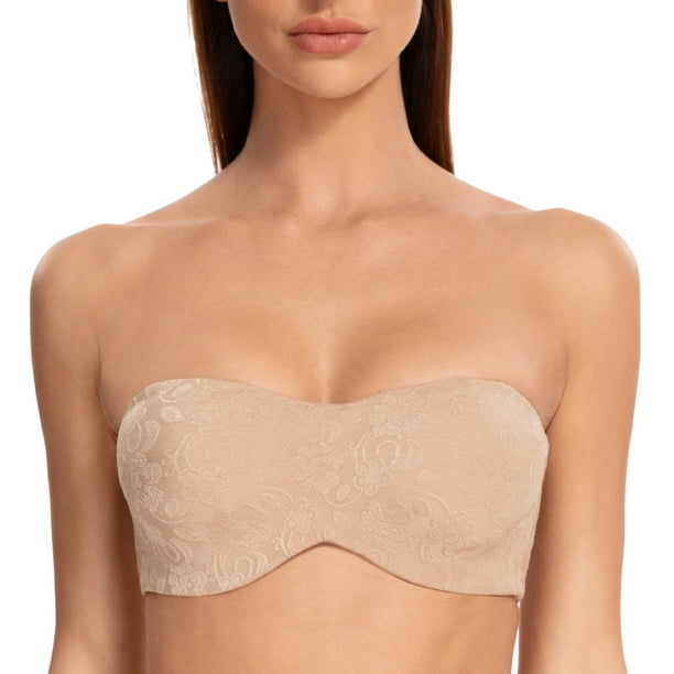 MELENECA Women's Unlined Strapless Bra with Underwire Minimizer for Large  Busts Seamless Jacquard Fabric Beige 32DD 
