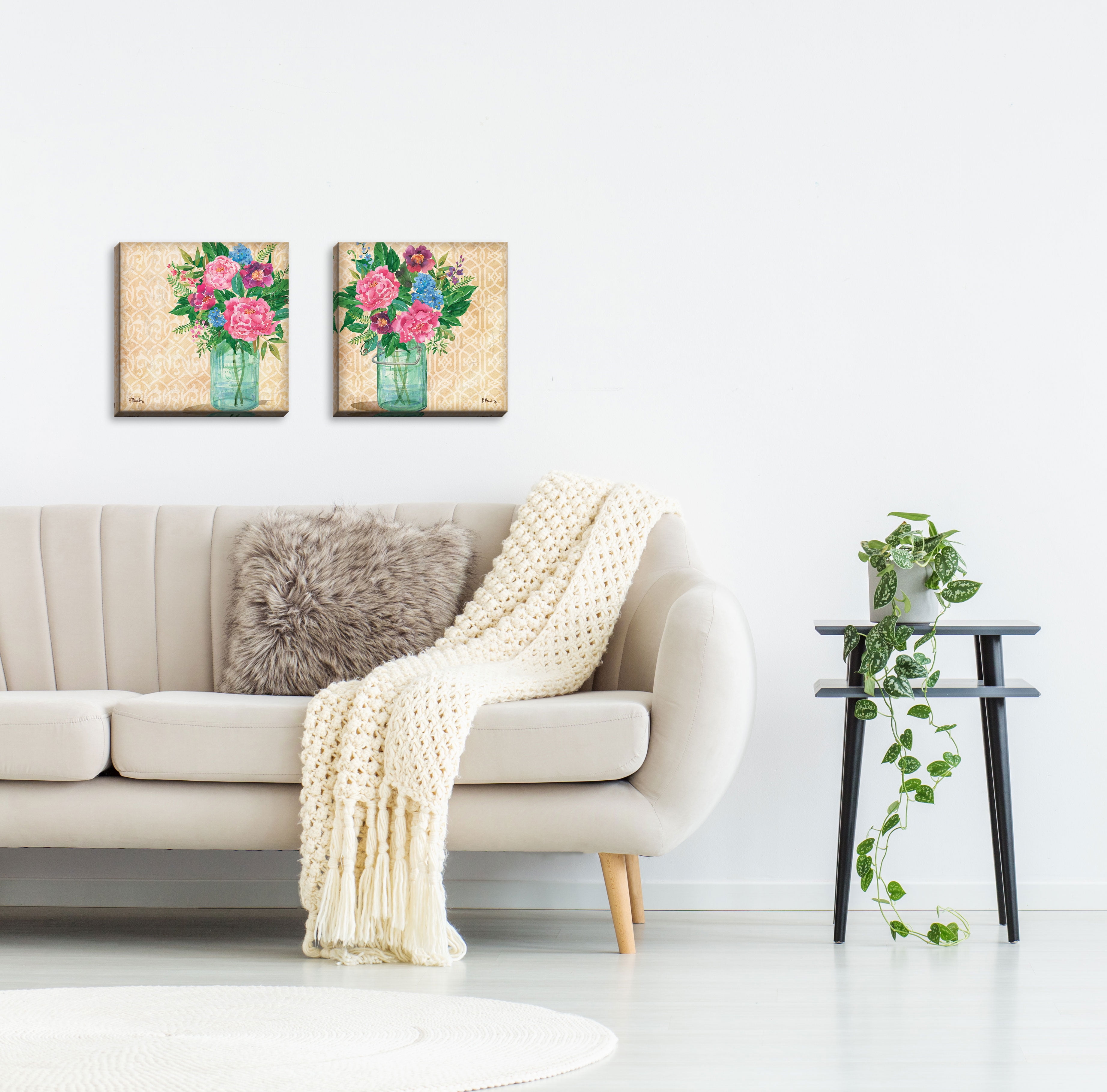 Gango Home Decor Garden Watercolor Style Floral Decor Tan Pink