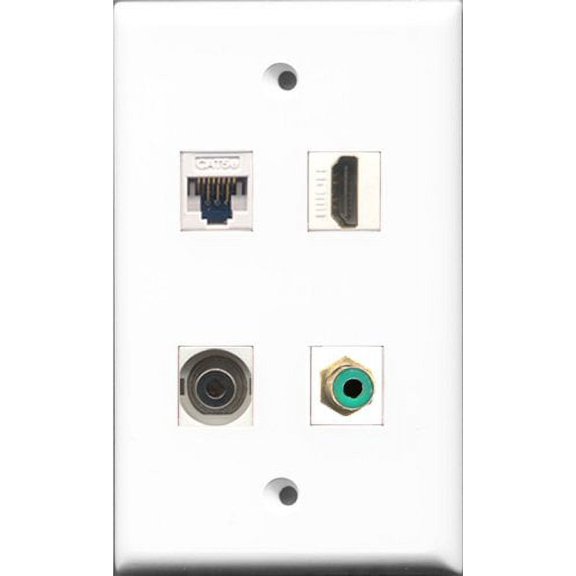 RiteAV - 1 Port HDMI and 1 Port RCA Green and 1 Port 3.5mm and 1 Port Cat5e Ethernet White Wall Plate