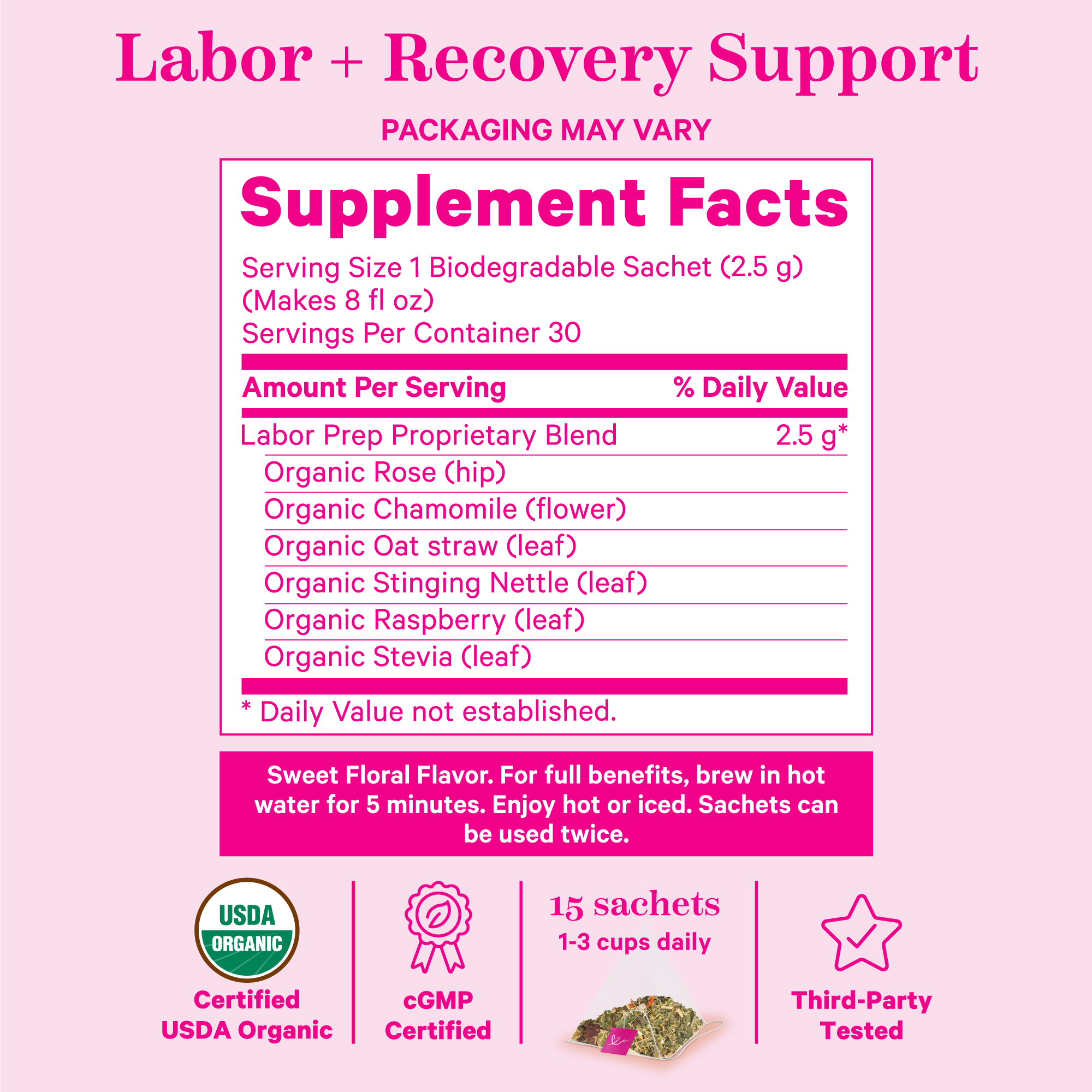 Pink Stork Labor Prep Tea, Organic Red Raspberry Leaf Tea with Chamomile and Rosehip, Caffeine-Free, Pregnancy Must Haves, Labor and Delivery Essentials, Third Trimester Pregnancy Tea - 15 Sachets - image 4 of 6