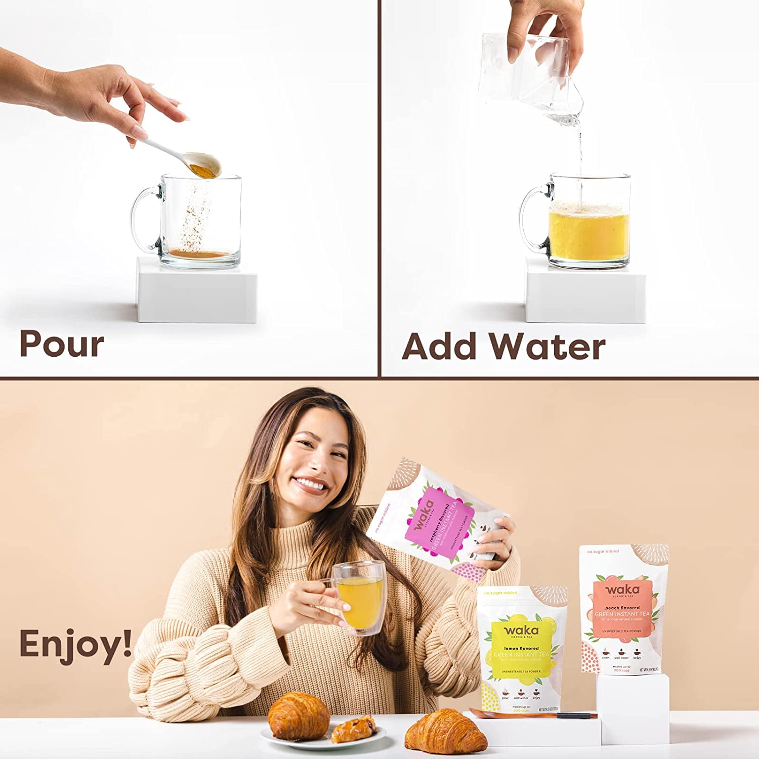 Waka Instant Tea Mix, 3 Bag Bundle - 100% Tea Leaves, No Additives, Unsweetened Tea Powders - Raspberry Flavored, Peach Flavored, Lemon Flavored Green (4.5oz Each)