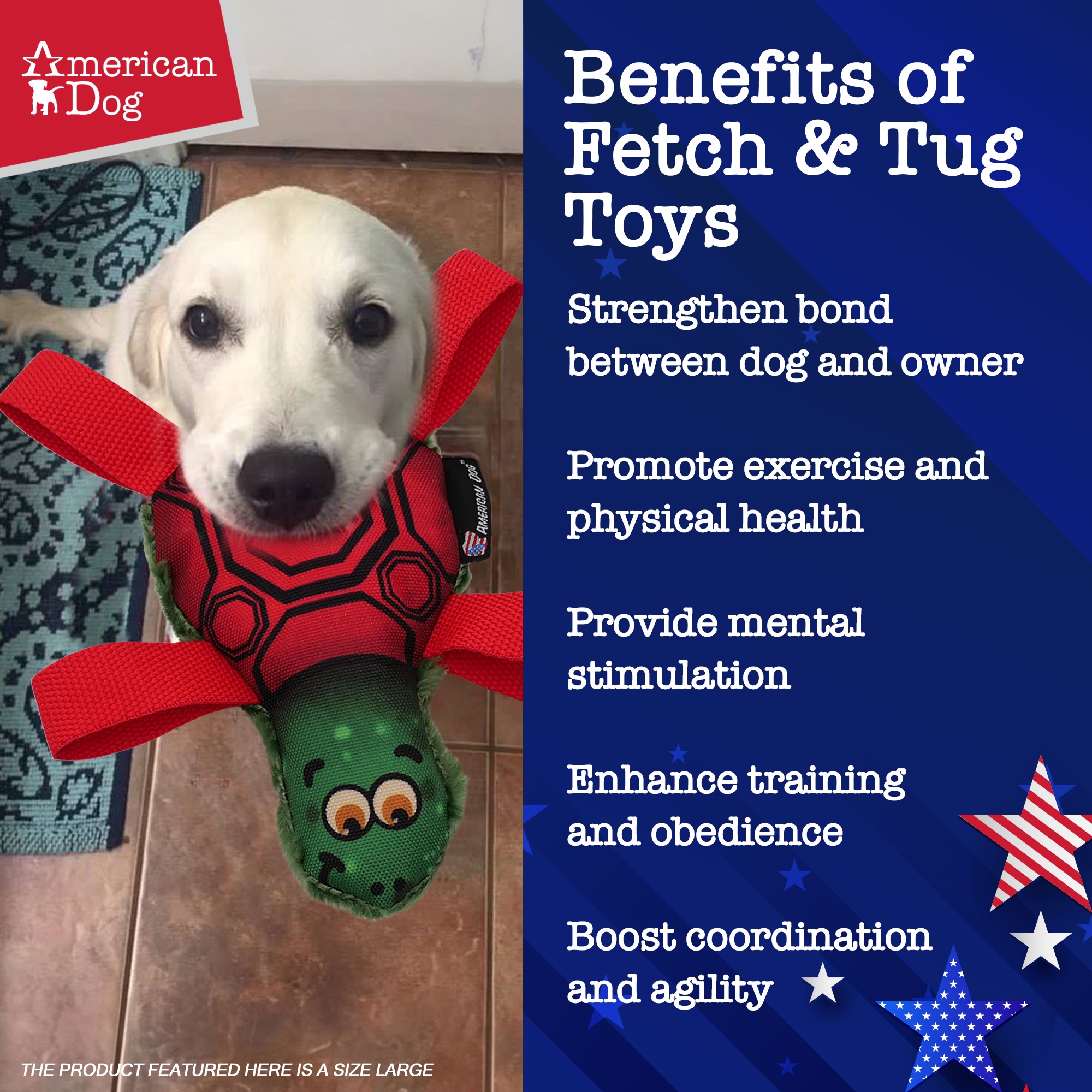 American Dog Tommy Turtle – Durable Fetch & Tug Dog Toy Made in USA from Pet-Safe, Machine-Washable 1000D Nylon and Minky Fleece for Bonding, Play Time, Mental Stimulation, Exercise, Training, & More