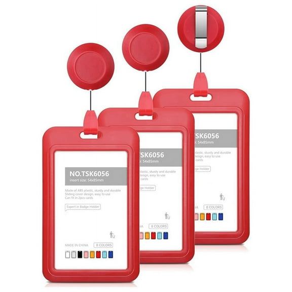 Retractable Badge Holders, Hard Plastic Sliding ID Badge Holder with Retractable Badge Reel Clips , 3 Pack Red