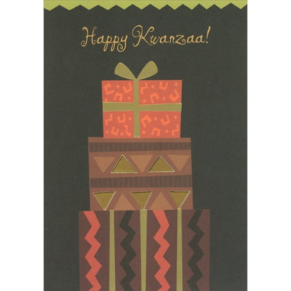 Designer Greetings Stack of Brown and Red Presents with Foil Ribbons on Dark Background Kwanzaa Card