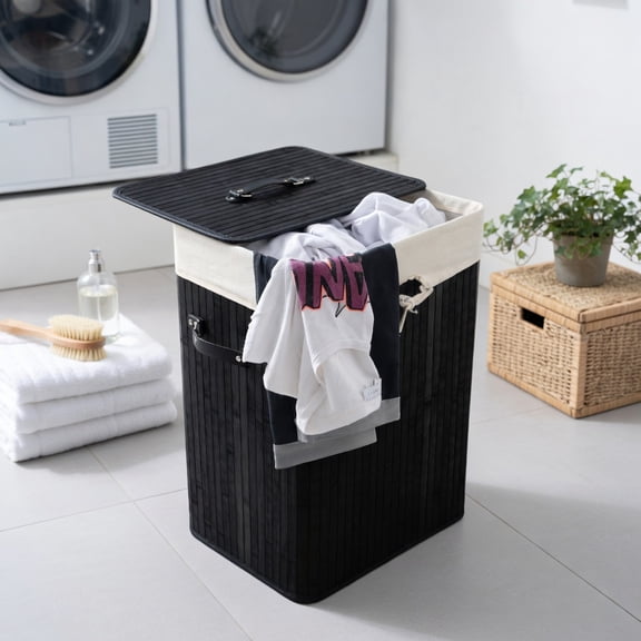 Topcobe Rectangle Bamboo Hamper Laundry Basket Washing Cloth Bin Storage Bag Lid, Laundry Basket Organizer, Bathroom Furniture, Black