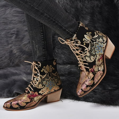 

Valentine s Day Clearance Hvyes Winter Ladies Flat Embroidered Lace-up Retro Casual Ankle Boots