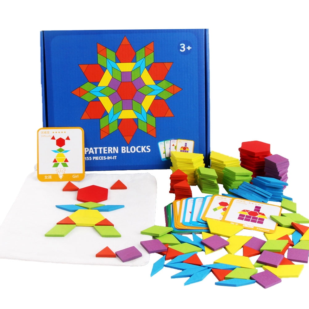 Wooden Pattern Blocks Set Early Educational Montessori Tangram Toys Perfect Gift 
