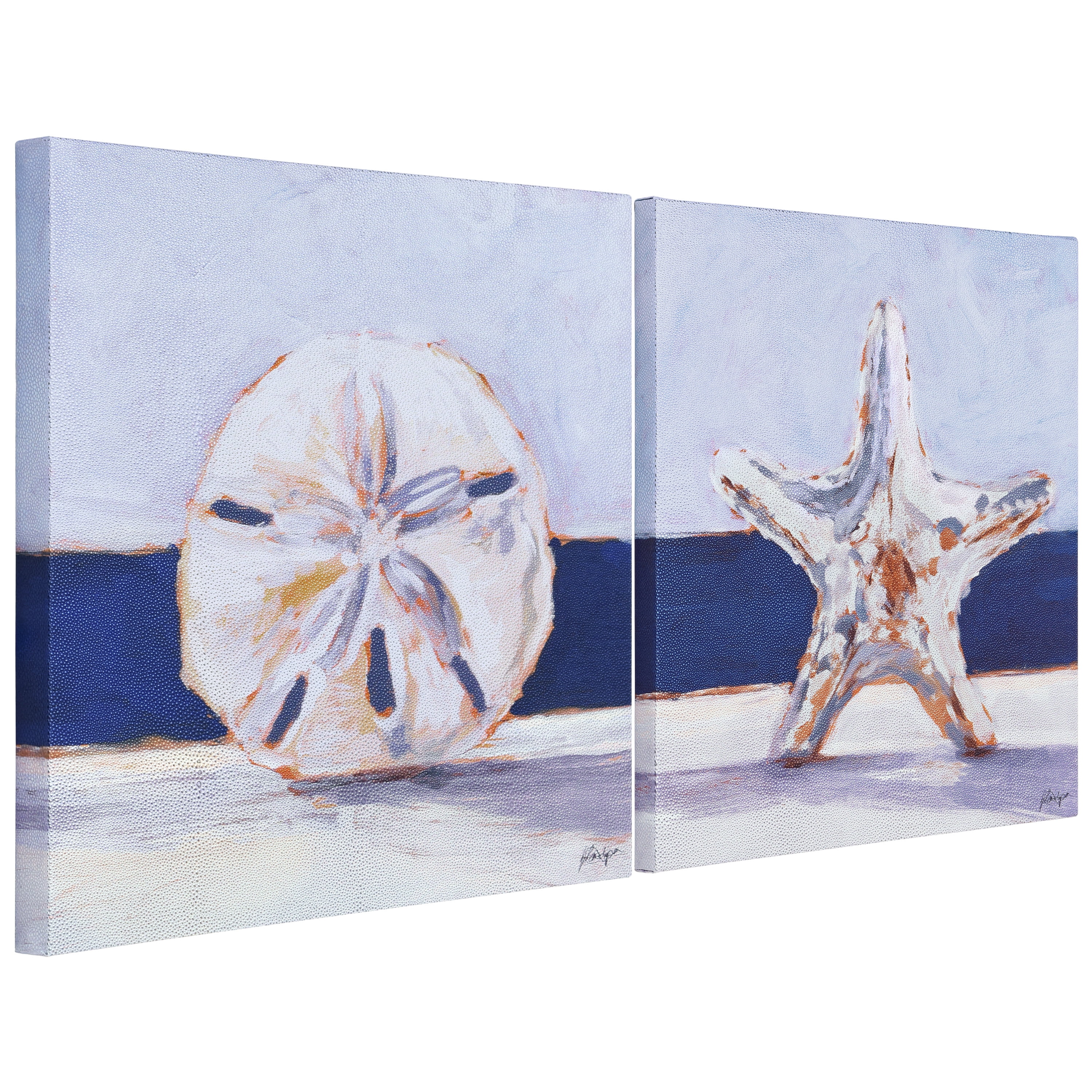 "Coastal Serenity I & II", Beach-themed Artwotk on Silver Metallic Shagreen Wrapped Canvas Wall Art Set, sized 22"x22"