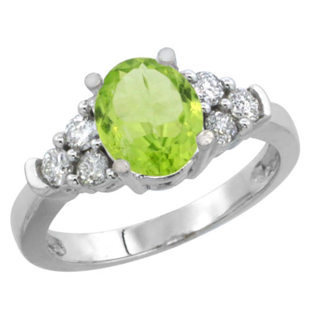 14K White Gold Natural Peridot Ring Oval 9x7mm Diamond Accent, size 5.5 by Gabriella Gold